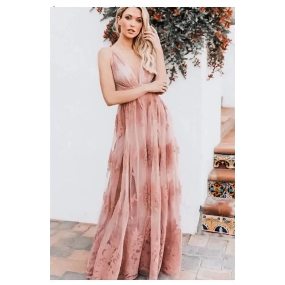 LUXXEL •  Blush Pink Velvet Floral and Tulle Deep V Plunge Back Spaghetti Cross